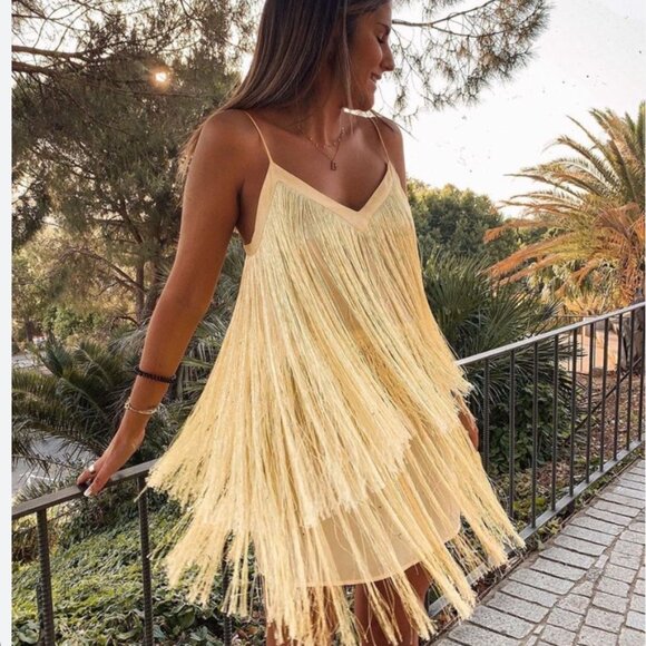 Zara Fringe Mini Dress Light Yellow Blogger Fav Size Small - Picture 1 of 13